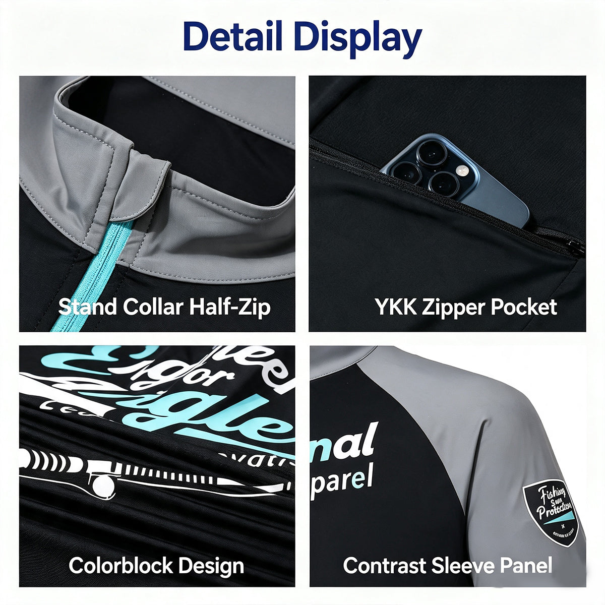 Men's UPF 100+ Fishing Shirt, Long Sleeve Sun Protection Jersey with Quarter Zip Collar, Quick Dry Moisture Wicking Fabric & YKK Zipper Pocket 6314
