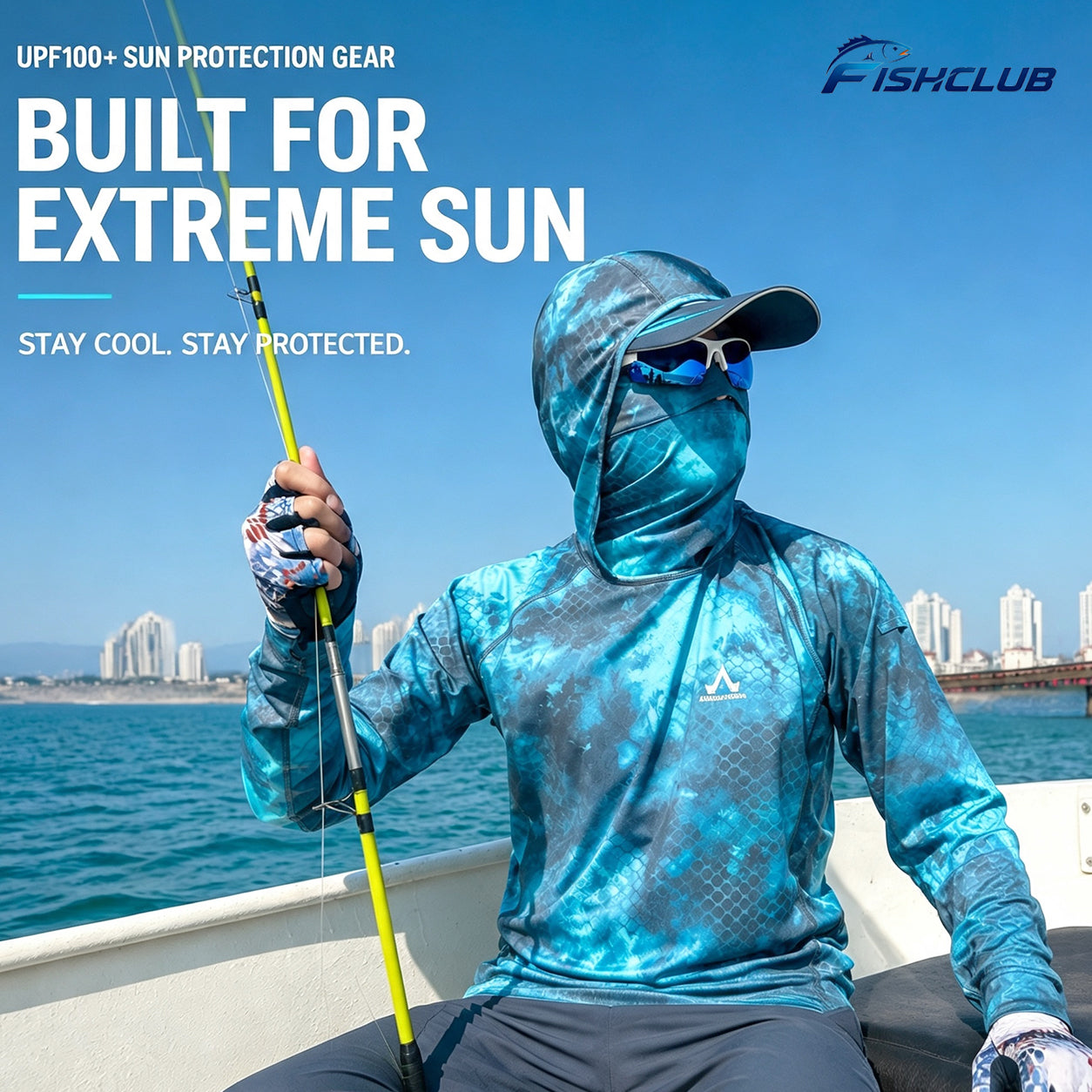 Men's UPF 100+ Professional Fishing Shirt with Integrated 3D Face Cover, Quick Dry Moisture Wicking Breathable Sun Protection Hoodie