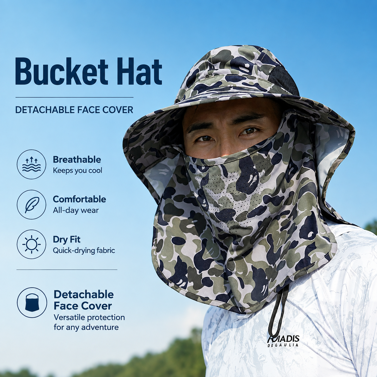 Men's Professional Fishing Sun Hat with Detachable Face Cover – Wide Brim UV Protection Hat with Breathable Design 3113