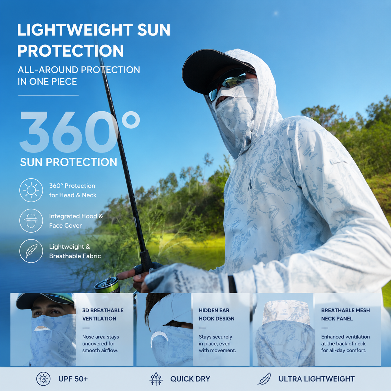 Men's UPF 100+ Professional Fishing Shirt with Integrated 3D Face Cover, Quick Dry Moisture Wicking Breathable Sun Protection Hoodie