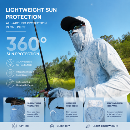 Men's UPF 100+ Professional Fishing Shirt with Integrated 3D Face Cover, Quick Dry Moisture Wicking Breathable Sun Protection Hoodie