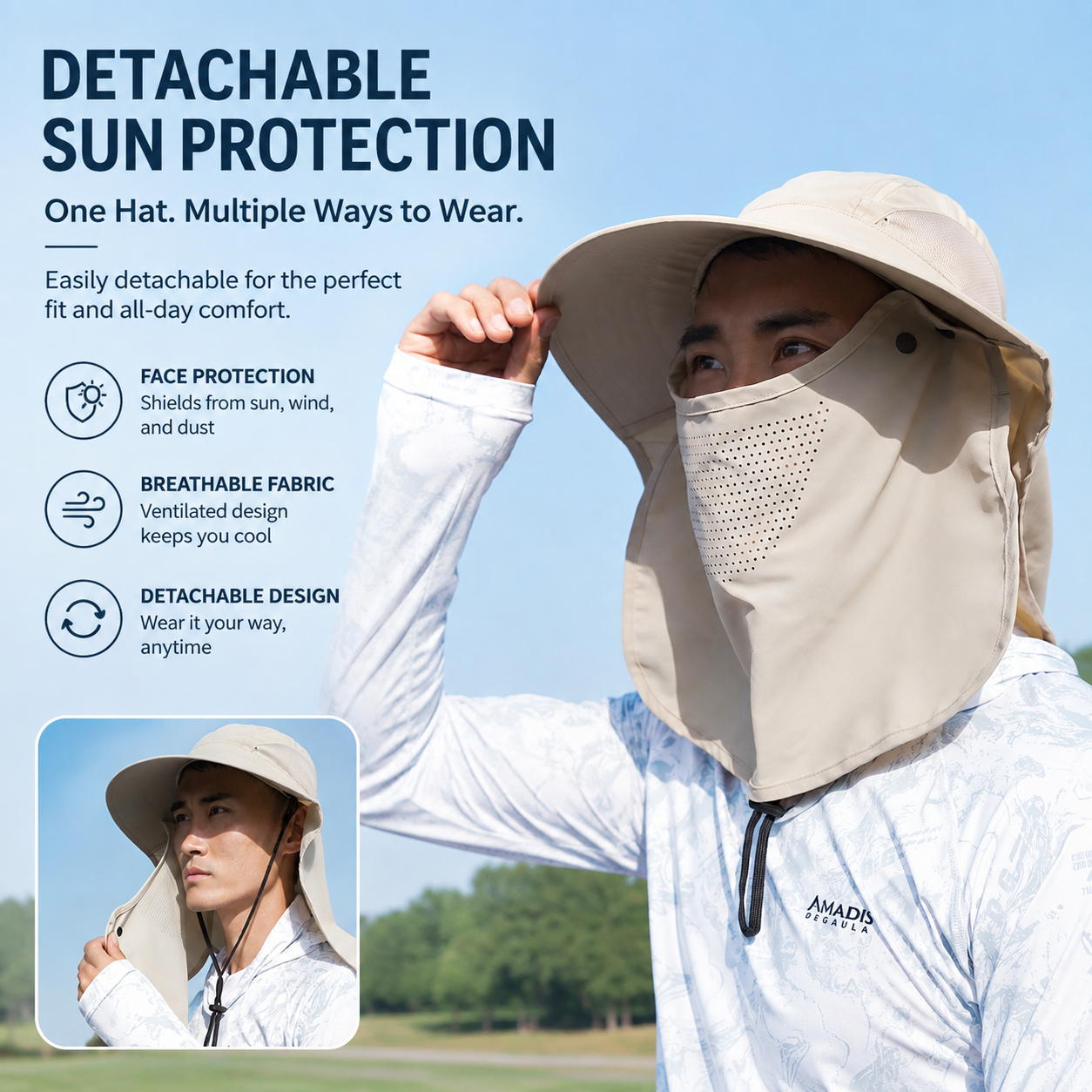 Men's Professional Fishing Sun Hat with Detachable Face Cover – Wide Brim UV Protection Hat with Breathable Design 3113