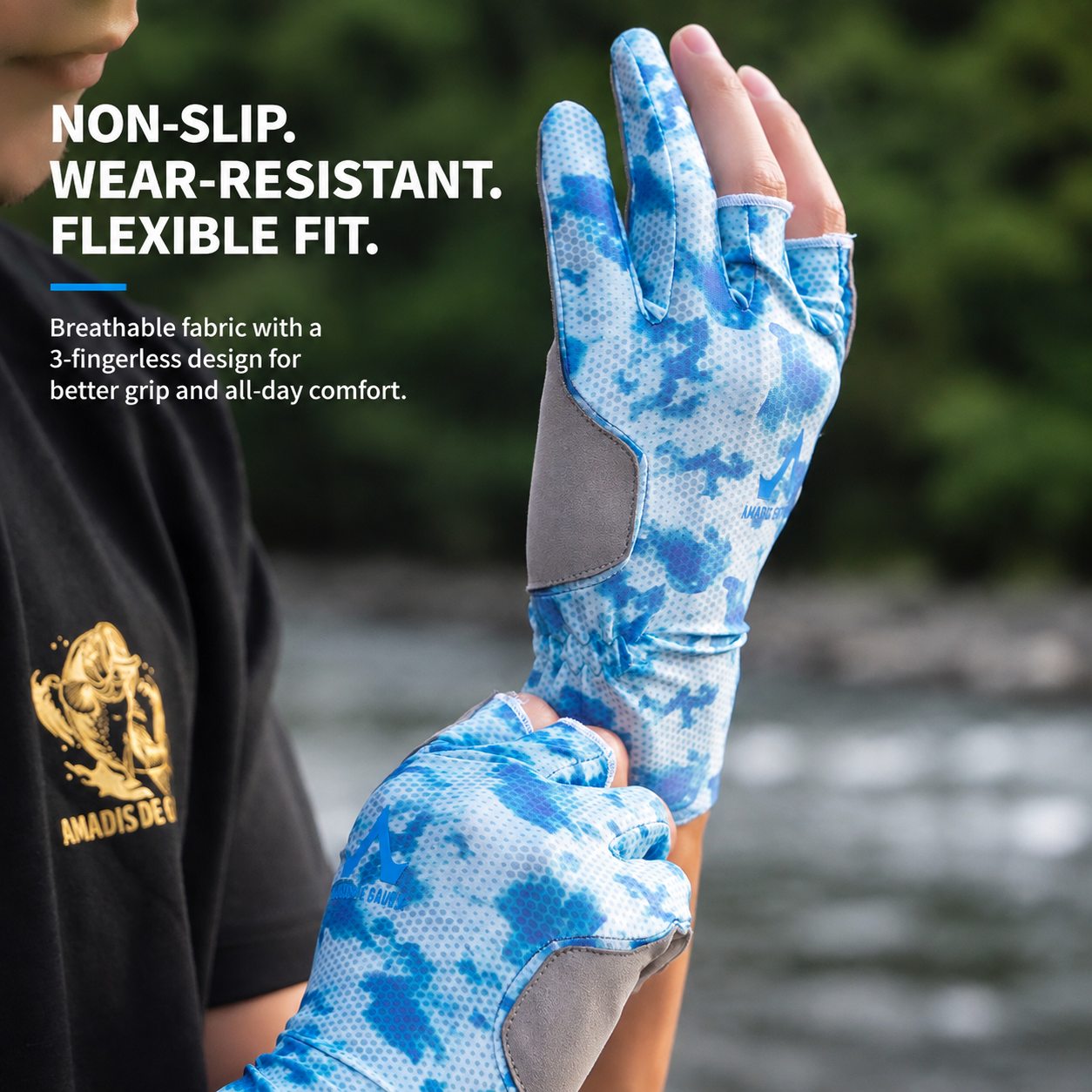 Men's Professional 3-Finger Fishing Gloves – Silicone Non-Slip Grip, Breathable UV Stretch Fabric & Extended Wrist Cuff 4531