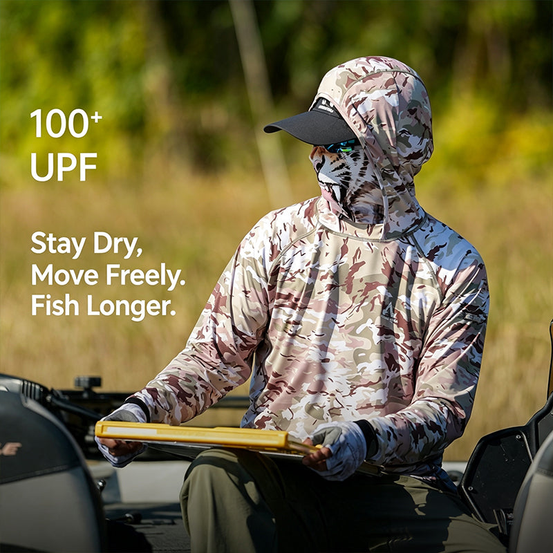 Men's UPF 100+ Professional Fishing Shirt with Integrated 3D Face Cover, Quick Dry Moisture Wicking Breathable Sun Protection Hoodie