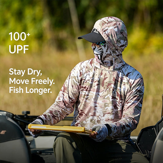 Men's UPF 100+ Professional Fishing Shirt with Integrated 3D Face Cover, Quick Dry Moisture Wicking Breathable Sun Protection Hoodie 6313