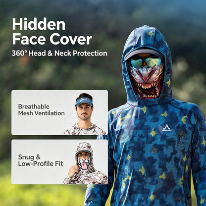 Men's UPF 100+ Professional Fishing Shirt with Integrated 3D Face Cover, Quick Dry Moisture Wicking Breathable Sun Protection Hoodie