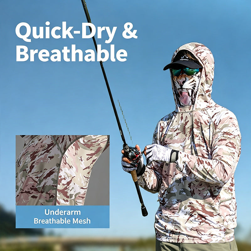 Men's UPF 100+ Professional Fishing Shirt with Integrated 3D Face Cover, Quick Dry Moisture Wicking Breathable Sun Protection Hoodie