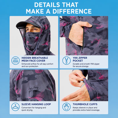 Men's Fishing Shirt, Moisture-Wicking Quick-Dry Stretch Fabric, UPF UV Sun Protection Hoodi 6302e
