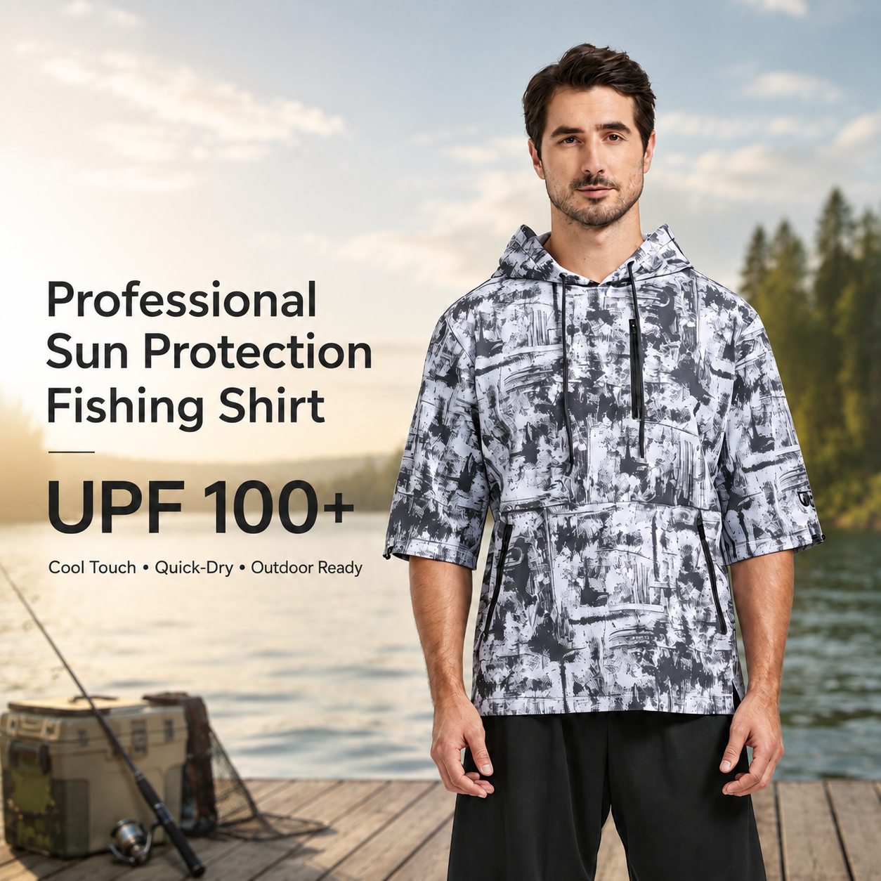 UPF 100+ Short Sleeve Fishing Hoodie for Men, Professional Sun Protection Shirt with YKK Zipper, Quick Dry Breathable 4-Way Stretch Outdoor Fishing Apparel 3337