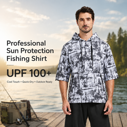 UPF 100+ Short Sleeve Fishing Hoodie for Men, Professional Sun Protection Shirt with YKK Zipper, Quick Dry Breathable 4-Way Stretch Outdoor Fishing Apparel 3337