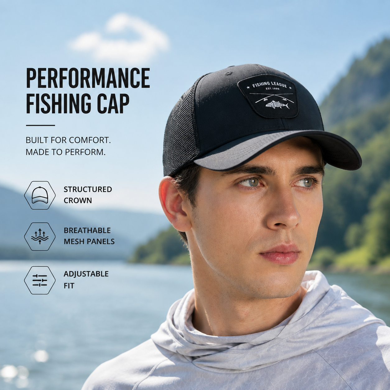 Performance Fishing Cap – Breathable Mesh Hat with UV Sun Protection & Adjustable Fit