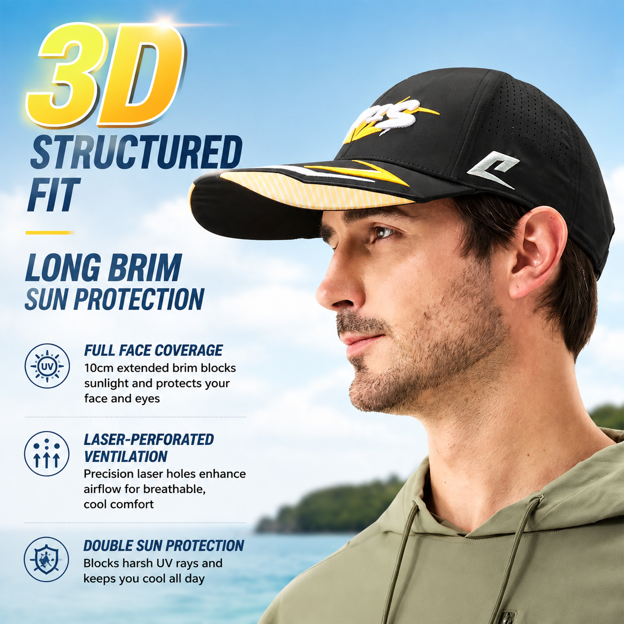 Men's Professional Fishing Cap – Extended Brim Sun Protection Hat with Laser-Perforated Breathable Design 3107