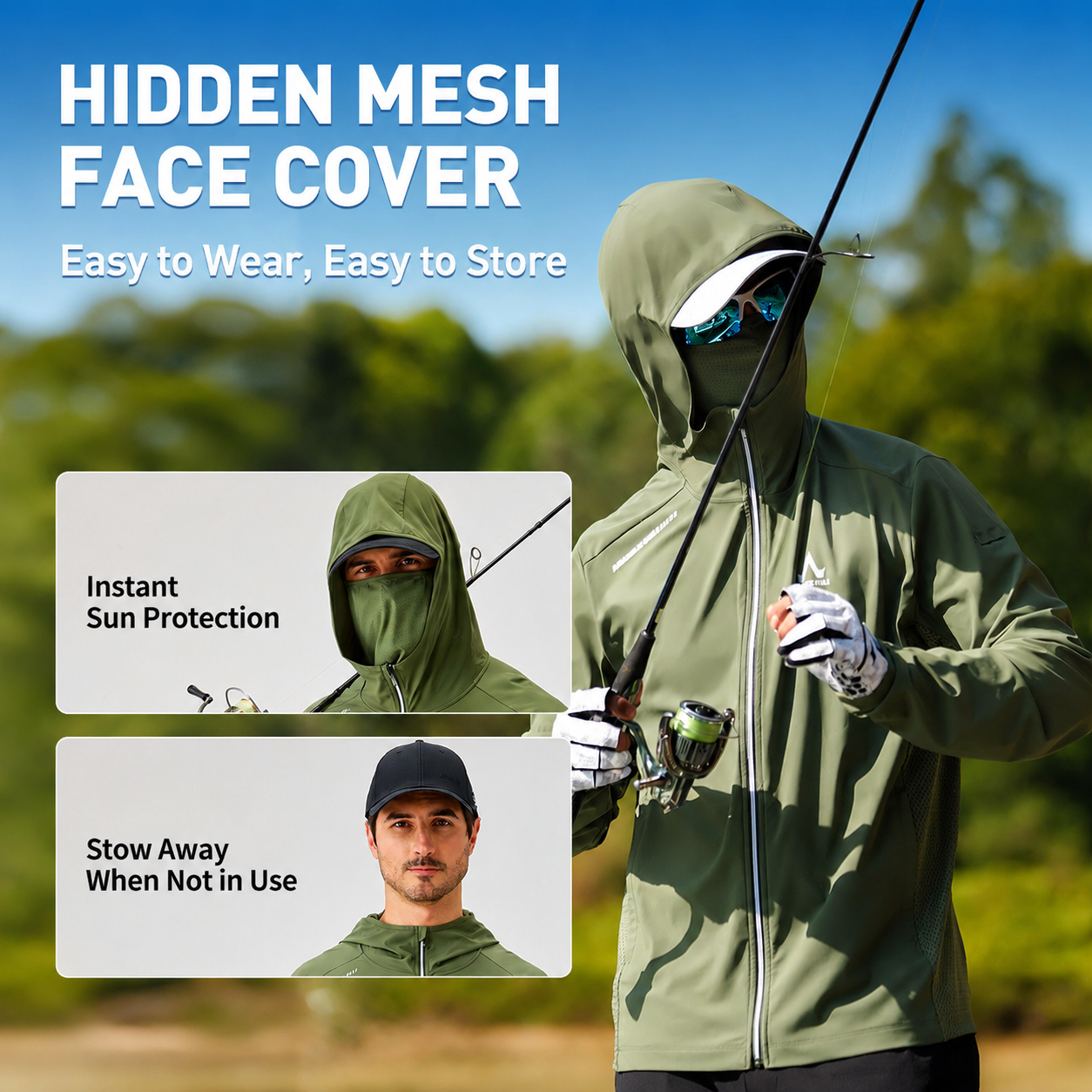 Men's Fishing Shirt, Moisture-Wicking Quick-Dry Stretch Fabric, UPF UV Sun Protection Hoodie
