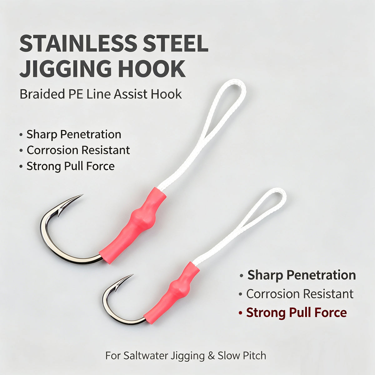 Stainless Steel Jigging Assist Hooks with Braided PE Cord for Saltwater Fishing（2PK） 1001